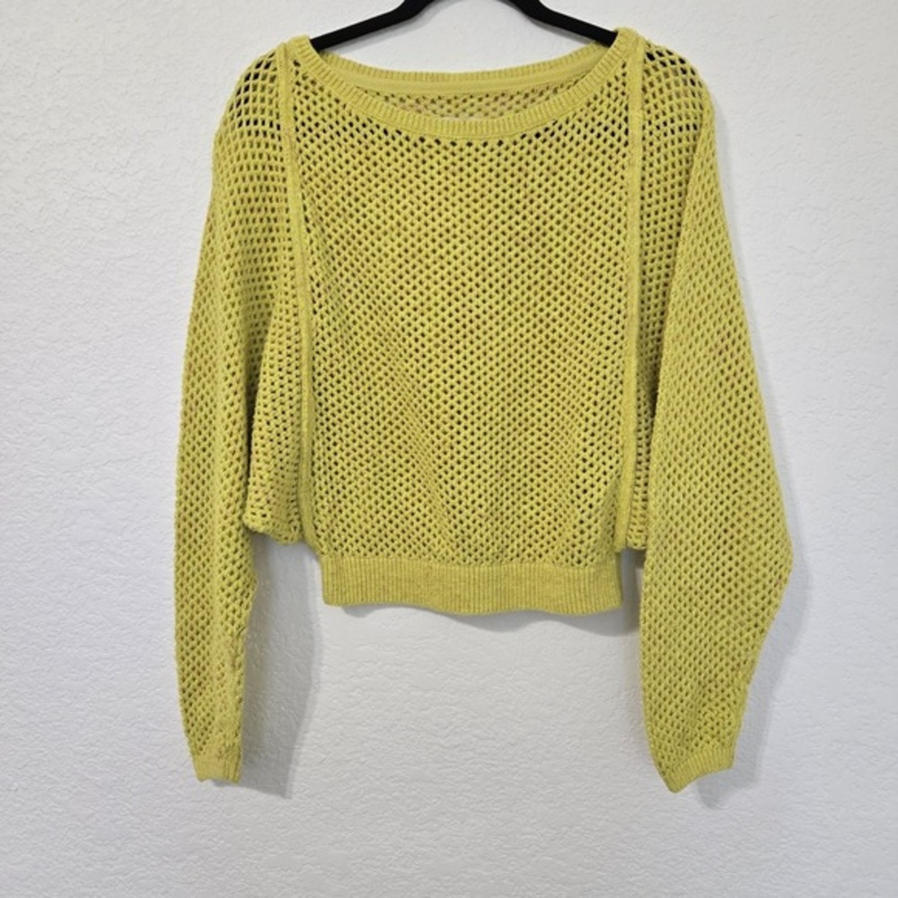 Pilcro Chartreuse Yellow Open Knit Cropped Batwing Sweater Small Cotton Blend